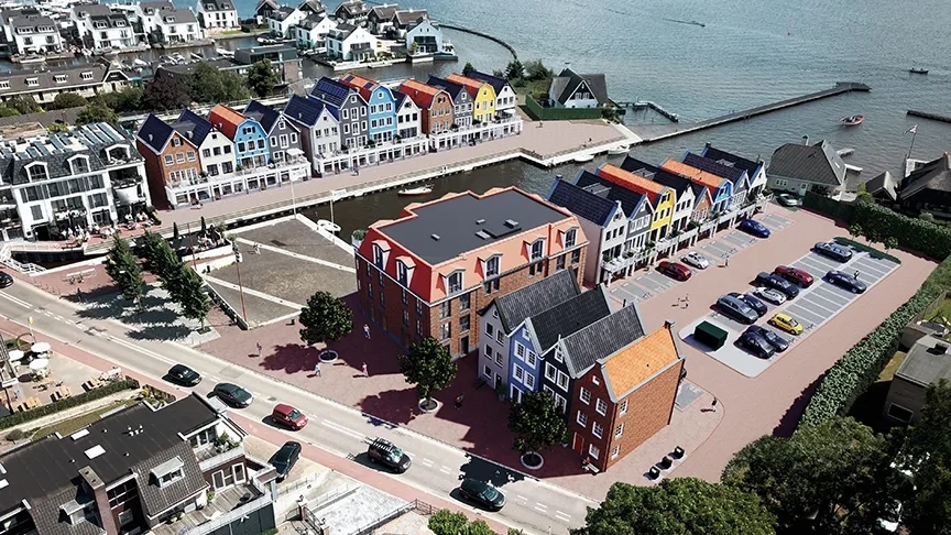 Vogelvlucht van de haven met woningen en appartementen eromheen