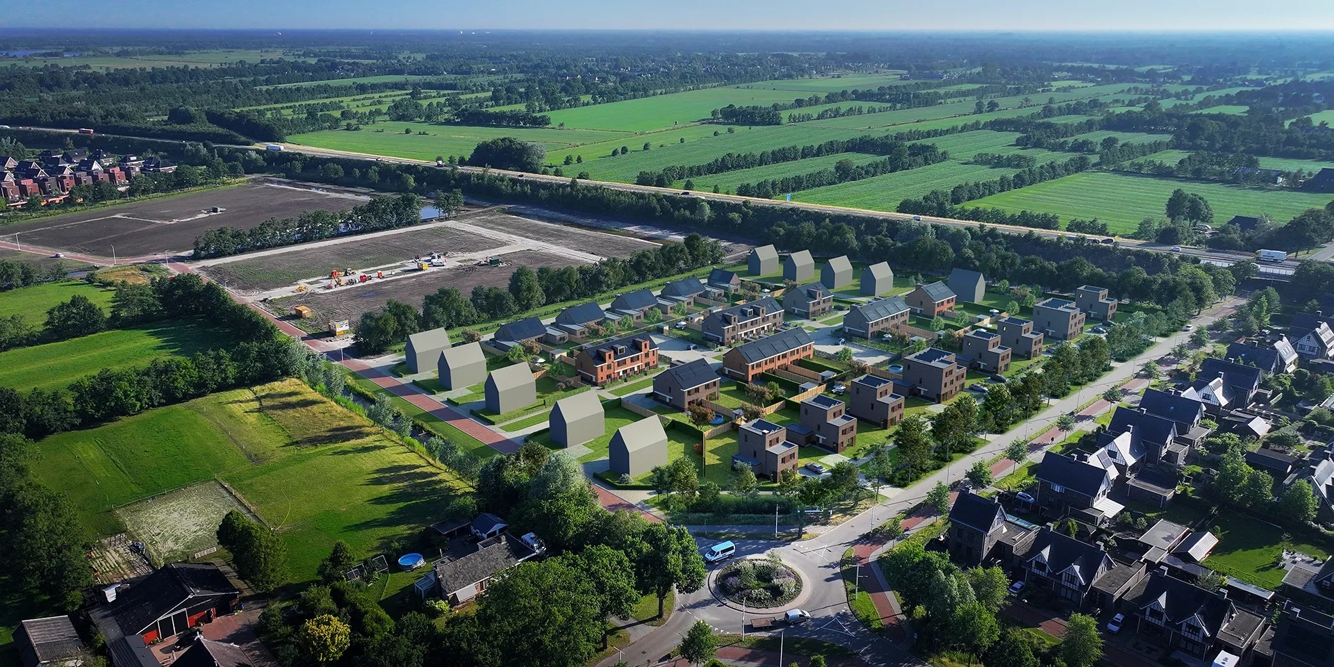 Vogelvlucht van nieuwbouwproject Weegbree met uitzicht over de weilanden