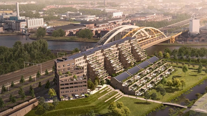 Vogelvlucht van het Bellevue gebouw met Leidsche Rijn brug en Utrecht stad op de achtergrond