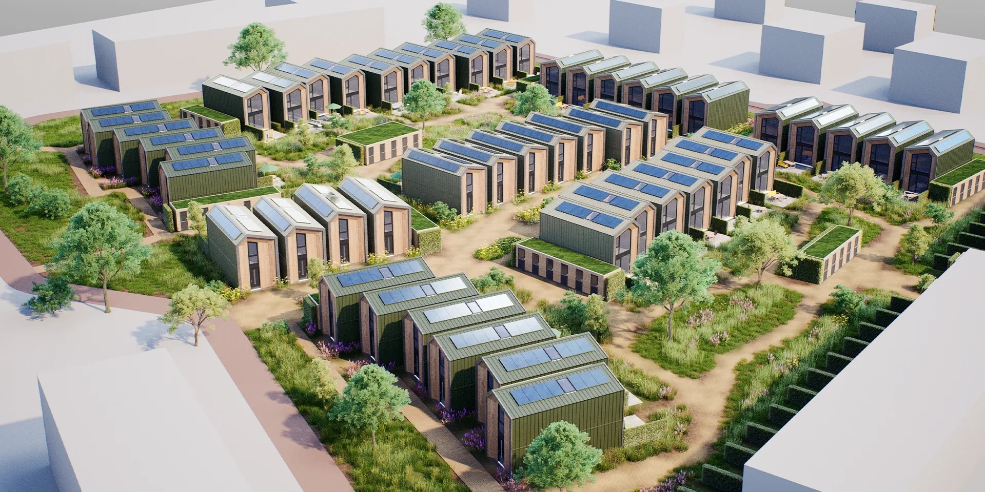 Vogelvlucht impressie van nieuwbouw wijk met Heijmans TWO woningen