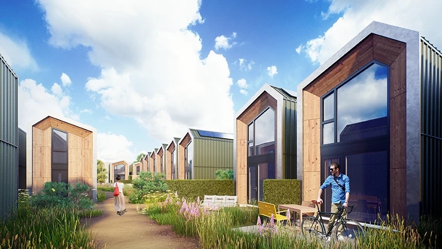 Impressie van een rij Heijmans TWO woningen