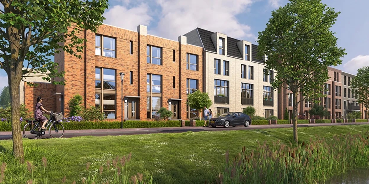 Impressie van de rijwoningen aan de waterkant