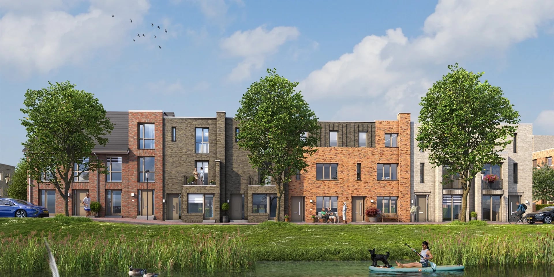Impressie van de rijwoningen aan het water