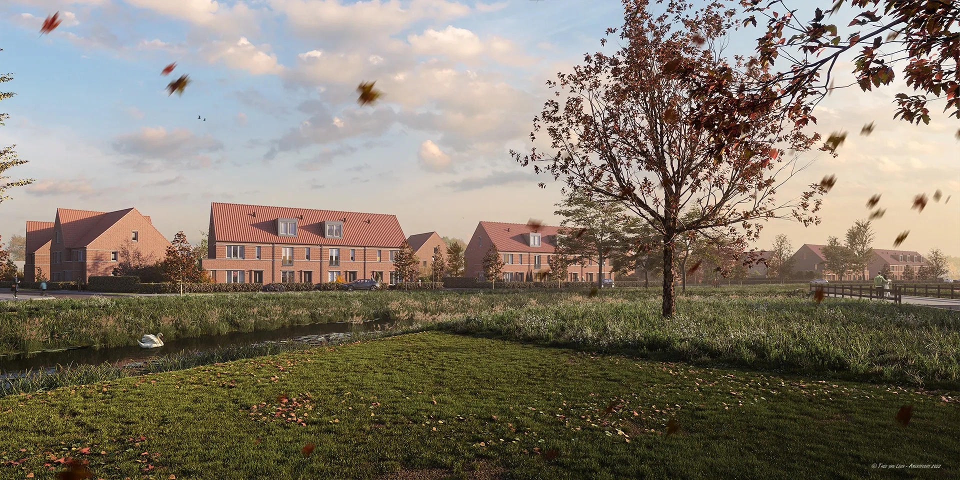 Impressie van de woningen met water en bomen op een grasveld