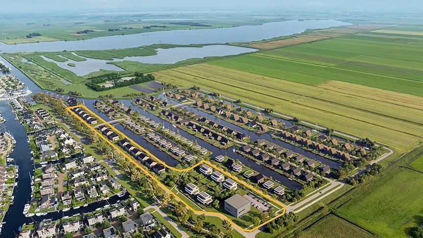 Impressie vanuit de lucht van Lemster Kwartier woningen