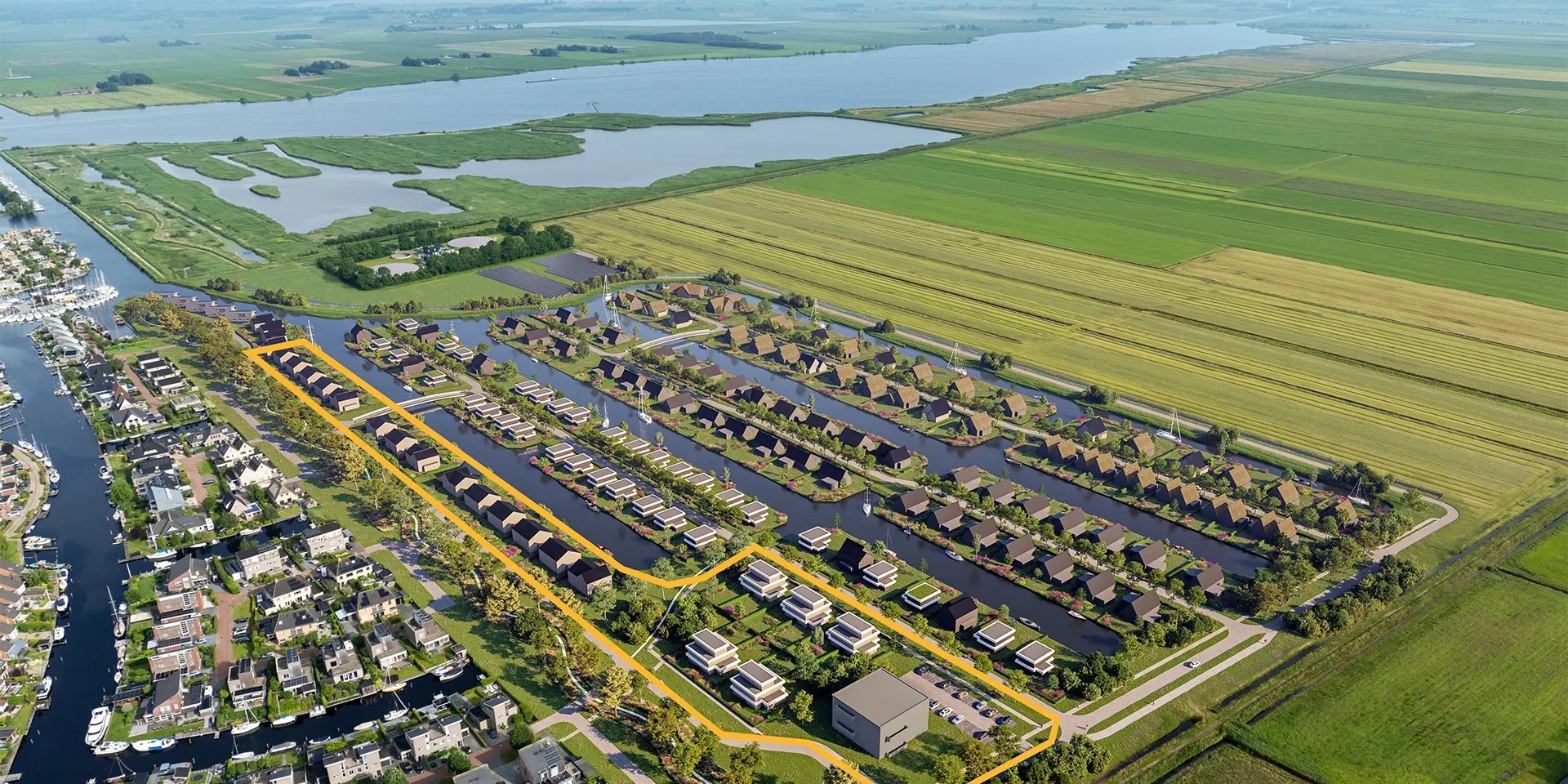 Vogelvlucht impressie nieuwbouw woningen Lemster Kwartier