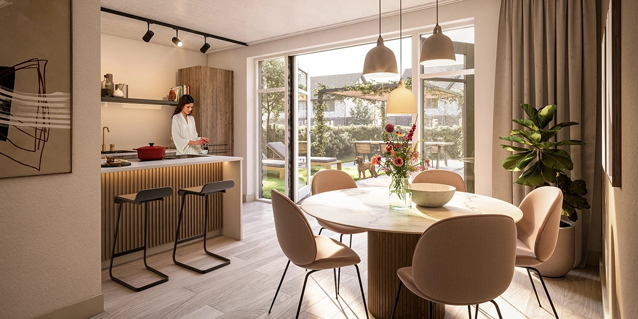 Artist impression van zonnige woonkamer en keuken in een nieuwbouwwoning