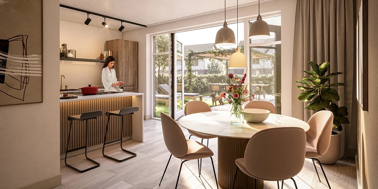 Artist impression van zonnige woonkamer en keuken in een nieuwbouwwoning