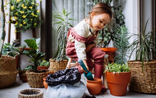 Jong meisje verpot planten op het balkon